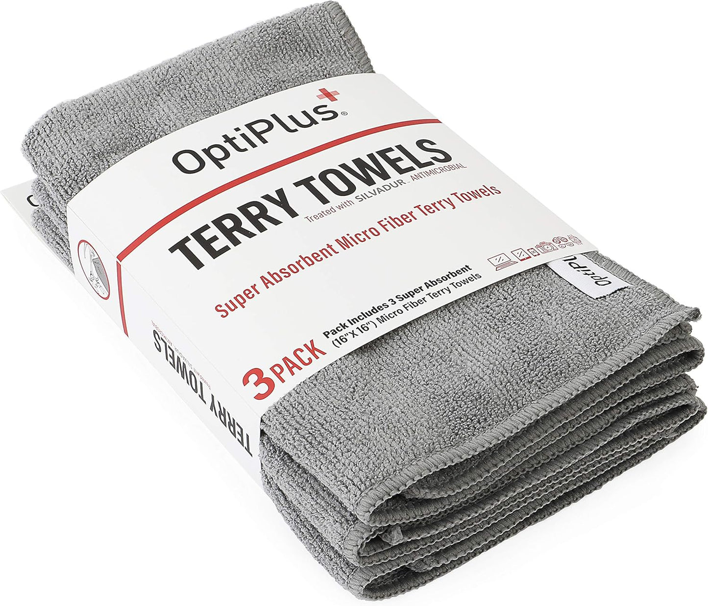 OptiPlus 16" x 16" Microfiber Terry Towels Treated with Silvadur 930 Antimicrobial - Grey