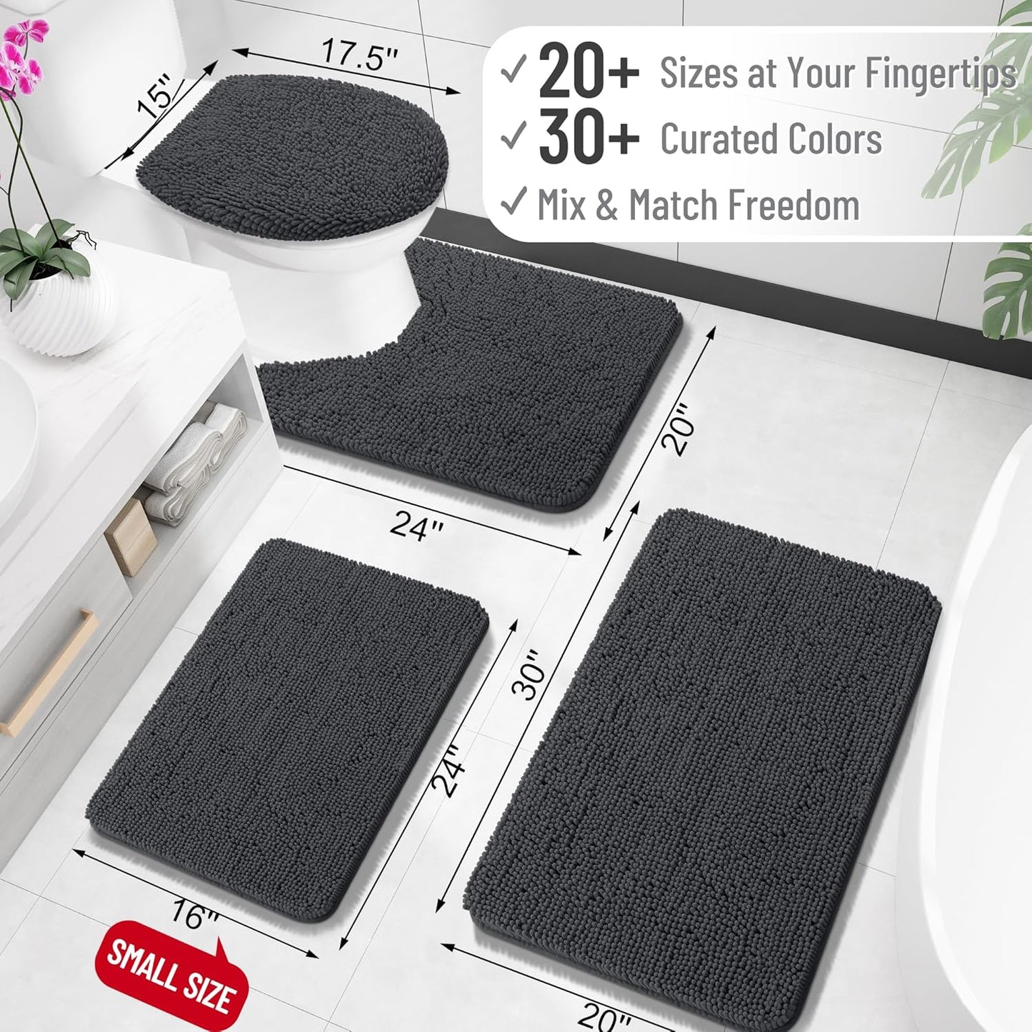 OLANLY Toilet Rugs U-Shaped 24x20, Extra Soft Absorbent Chenille Contour Bathroom Rugs for Toilet, Dry Quickly, Machine Washable, Non-Slip Bath Mat, Dark Grey