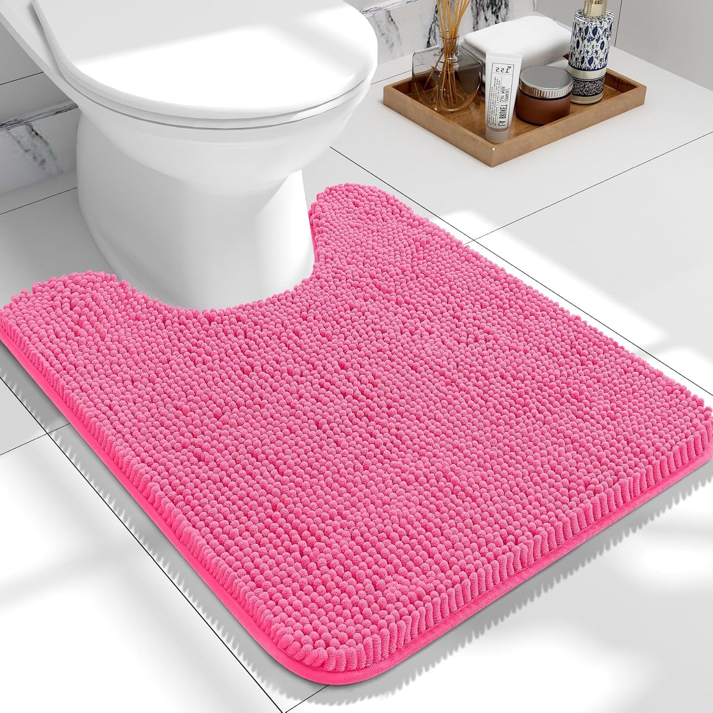 OLANLY Toilet Rugs U-Shaped 24x20, Extra Soft Absorbent Chenille Contour Bathroom Rugs for Toilet, Dry Quickly, Machine Washable, Non-Slip Bath Mat, Hot Pink