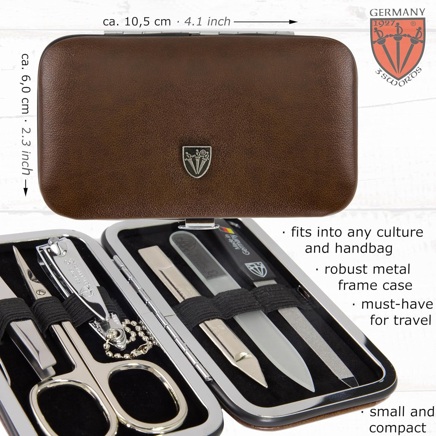 3 Swords Germany - Brand Quality 6 Piece Manicure Pedicure Grooming kit Set - Scissors, Metal and Glass Nail File, Clipper, Tweezers with Synthetic Leather case - Brown II
