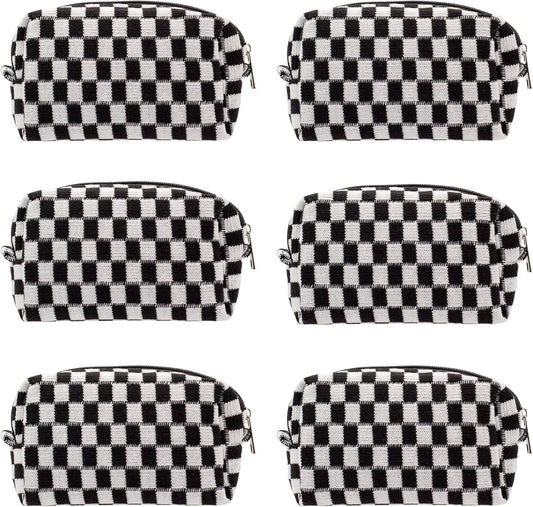 PAZIMIIK Checkered Makeup Bag for Purse Portable Zipper Make Up Pouch Small Cosmetic Case for Travel Accessories (6PCS Black)