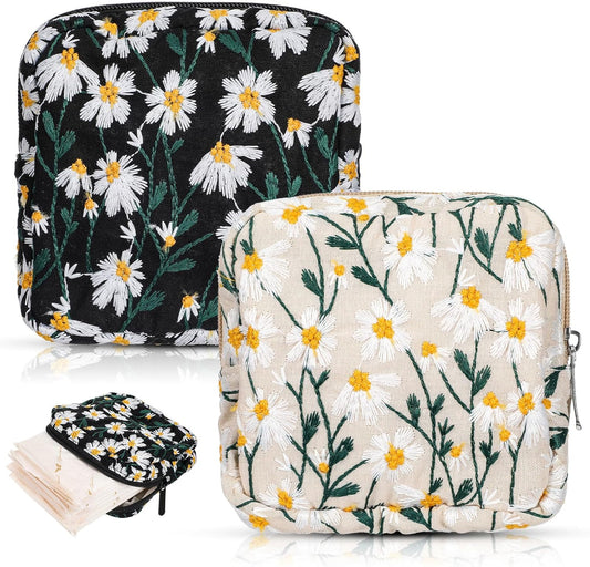 2 Pcs Sanitary Napkin Storage Bag, Daisy Embroidery Period Bag, Soft Tampon Holder, Portable Period Pouch First Period Kit for Women Teen Girls 9-12