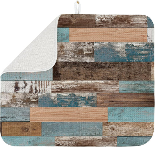 Dish Drying Mat for Kitchen Counter Large 18" x 24" Farmhouse Rustic Wood Absorbent Microfiber Dishes Drainer Rack Mats Pad Reusable Washable