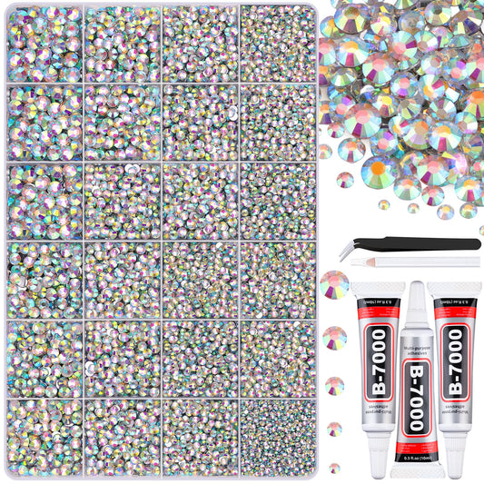 30000Pcs Resin AB Rhinestones for Bedazzling Crafting with b7000 Jewelry Glue, Bulk Flatback Gems Bedazzler Kit for Crafts Clothes Shoes Fabric Nail Diamond Art, Assorted Size 2/3/4/5/6mm