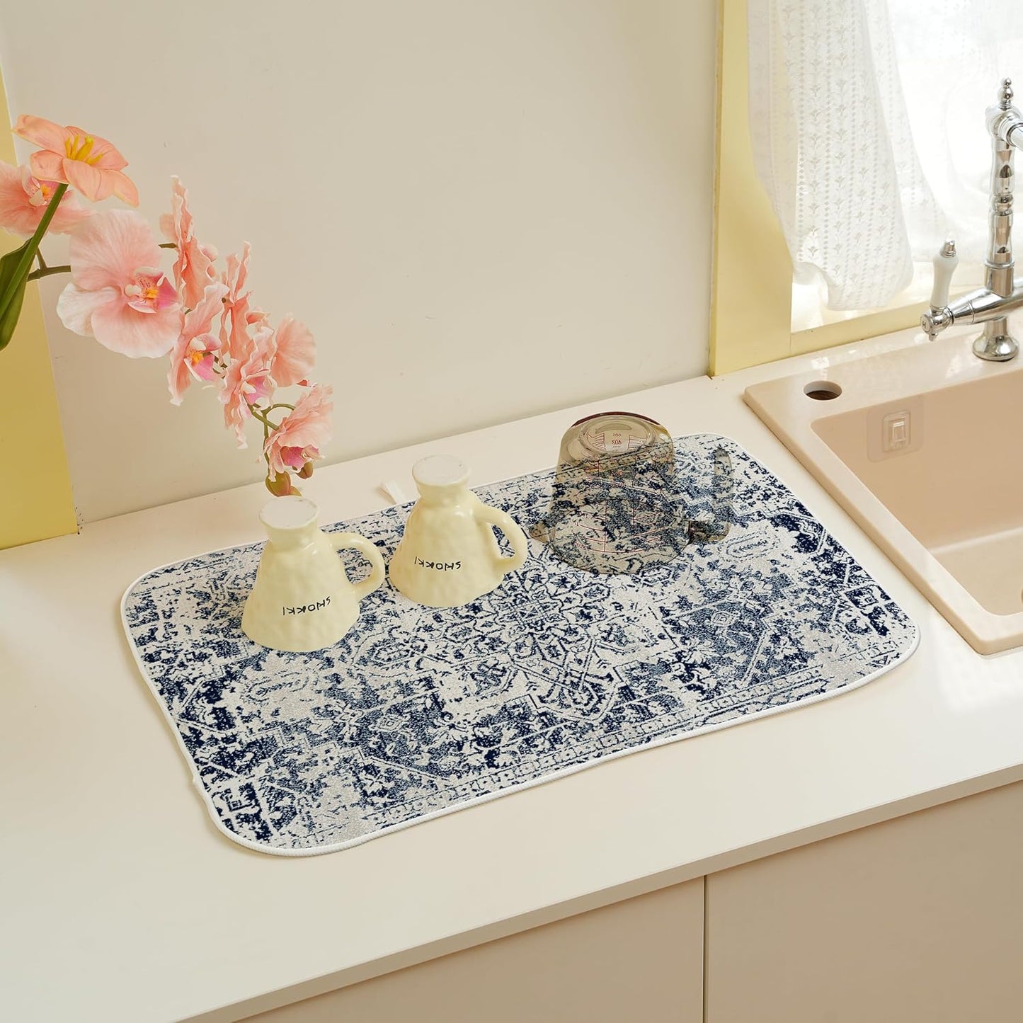 Blue Dish Drying Mat for Kitchen Counter, 18x24 Inch Blue White Boho Style Absorbent Dish Drying Pad Heat Resistant Mat Coffee Bar Mat Dish Drainer Rack Mat