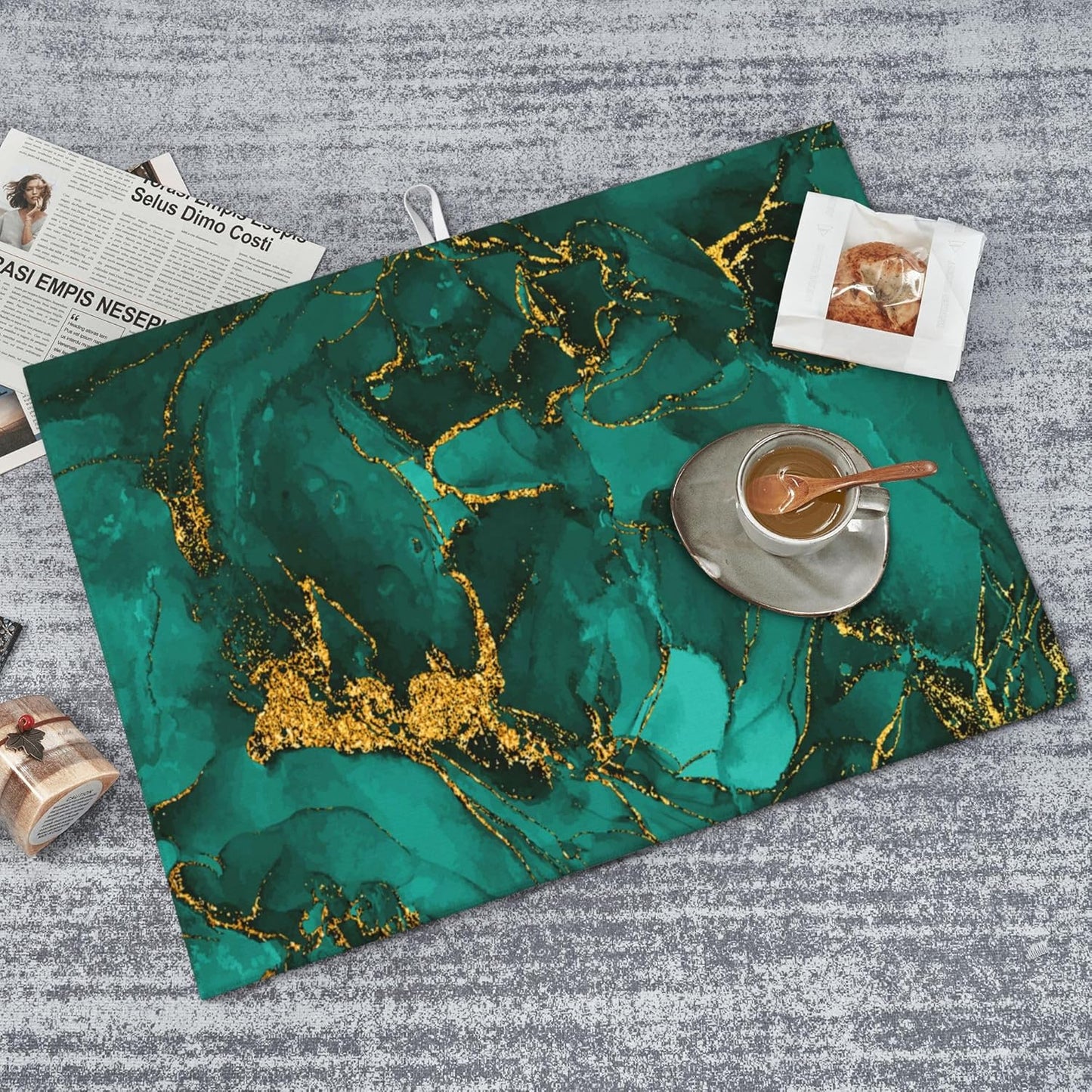 Turquoise Marble Decorative Dish Drying Mat for Kitchen Counter Emerald Dark Green Dishes Pad Dish Drainer Rack Mats 18"x24" Absorbent Washable Reusable