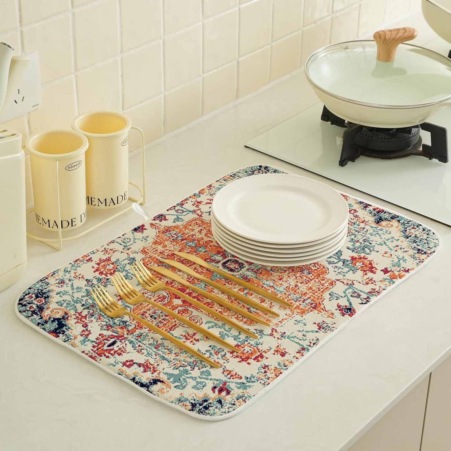 Orange Dish Drying Mat for Kitchen Counter, 18x24 Inch Burn Orange Boho Style Absorbent Dish Drying Pad Heat Resistant Mat Coffee Bar Mat Dish Drainer Rack Mat