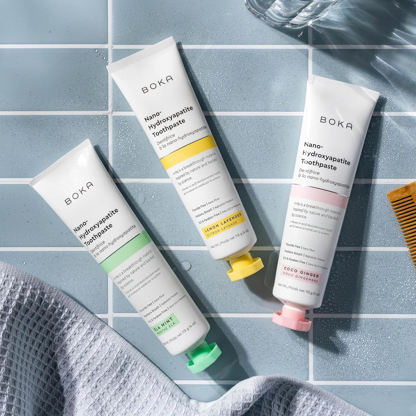 Boka Fluoride Free Toothpaste, Nano Hydroxyapatite Toothpaste, Appropriate for Sensitive Teeth - for Adult, Kids Oral Care - Ela Mint, Coco Ginger, Lemon Lavender Flavor, 4 Fl Oz 3Pk US Manufactured