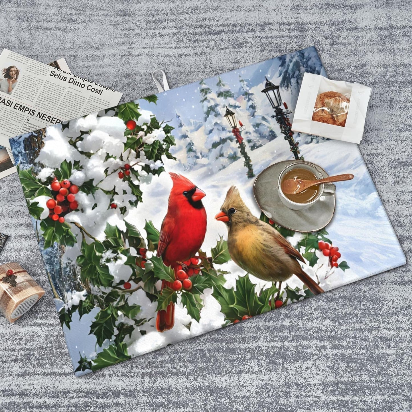 Kitchen Drying Mat Winter Cardinal Birds Microfiber Dish Drainer Mat for Kitchen Counter Absorbent Reusable Washable 18x24 Inch Home Holiday Decor