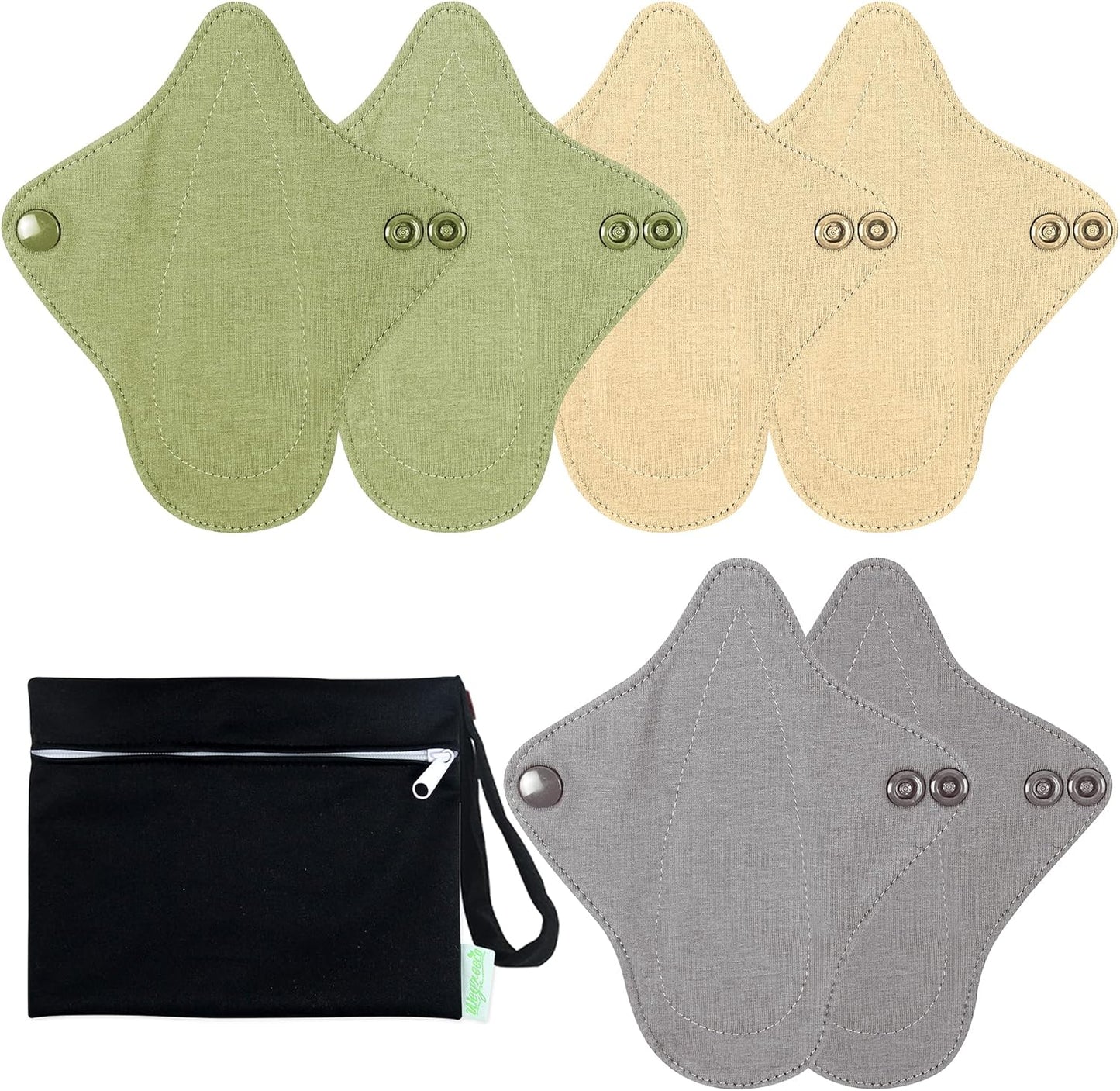 wegreeco 6 Pc Reusable Menstrual Pads, Ultra Thin Pantiliners for Thongs, Cloth Pads, Panty Liners for Teens, Women, Nonslip Pantiliners + 1 Pc Wet Bag(Mustard Yellow, Grey, Beige, XS)