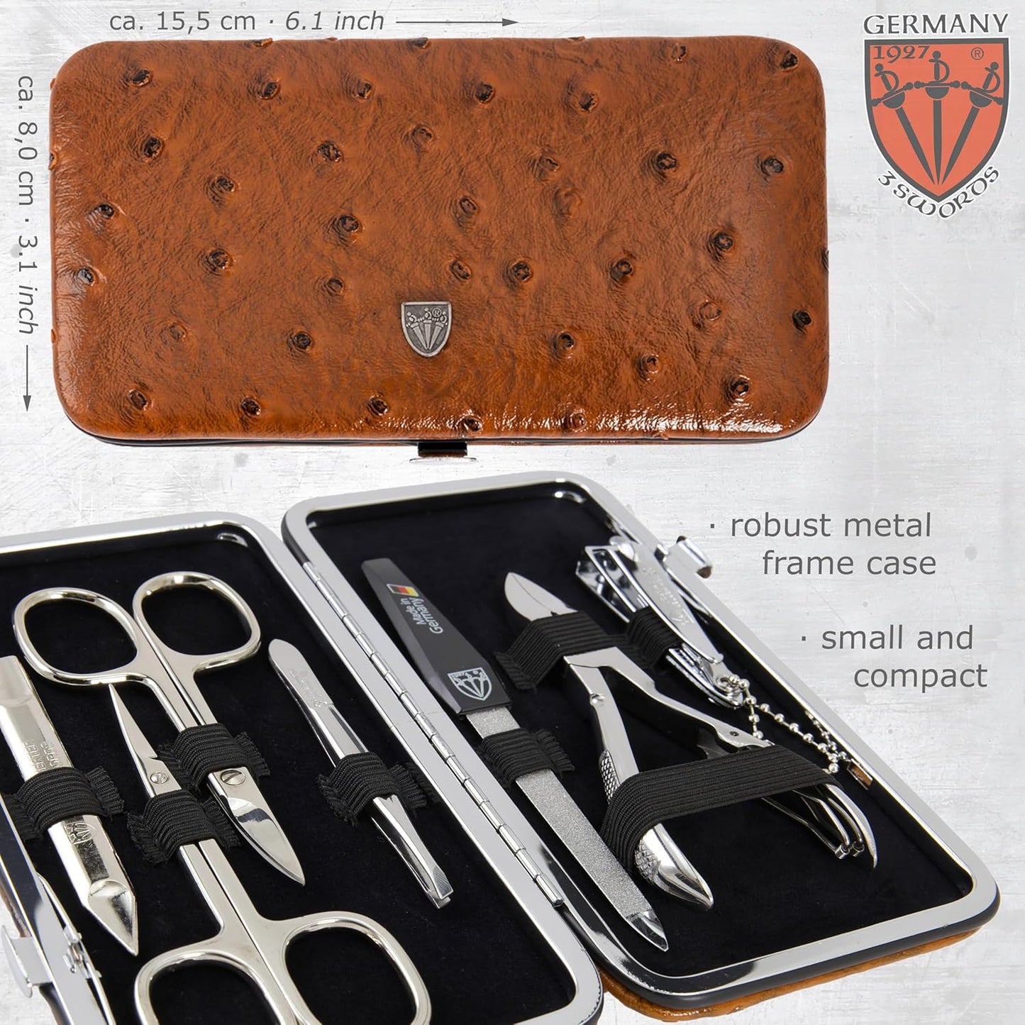 3 Swords Germany - brand quality 7 piece manicure pedicure grooming kit set for professional finger & toe nail care scissors clipper fashion leather case in gift box, Made by 3 Swords Germany (6301)
