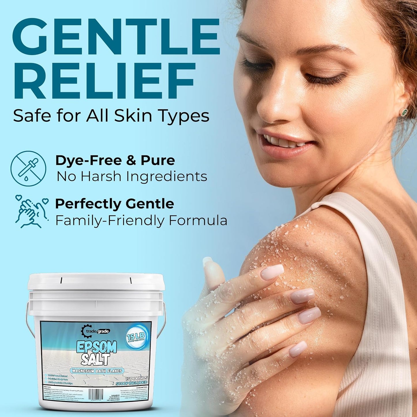 Epsom Salt Bath Soak 15 lb Bucket – Unscented, Pure Epsom Salt Bulk Crystals, Magnesium Sulfate for Full Body or Foot Soaks, Resealable Container with Scoop for Home Bath Use