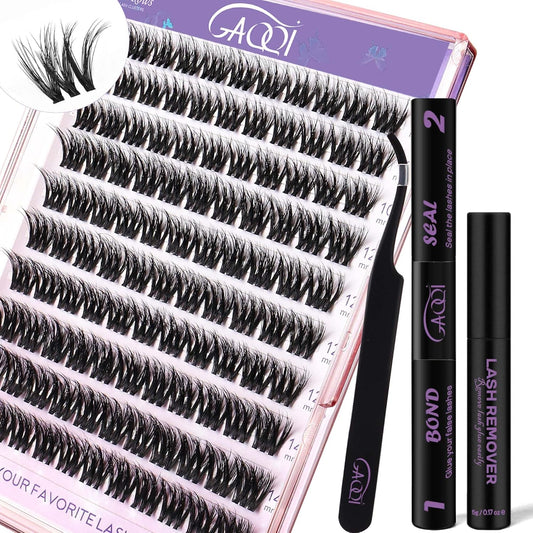 GAQQI Lash Clusters Kit, DIY Lash Extensions Kit 10-14mm Cluster Lashes, Wispy Eyelash Clusters with Lash Bond and Seal+Lash Tweezer+Remover+110pcs Thin Band Individual Lashes (3D-GQ08-KIT)