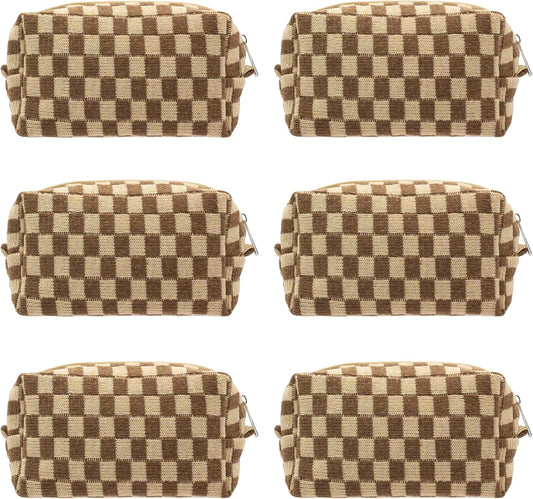 PAZIMIIK Checkered Makeup Bag for Purse Portable Zipper Make Up Pouch Small Cosmetic Case for Travel Accessories (6PCS Coffee)