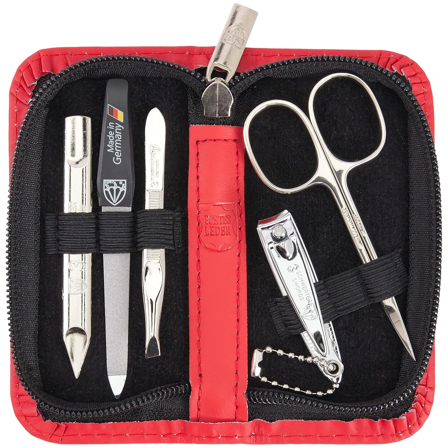3 Swords Germany - brand quality 5 piece manicure pedicure grooming kit set for professional finger & toe nail care scissors clipper genuine leather red case in gift box, Made in Germany