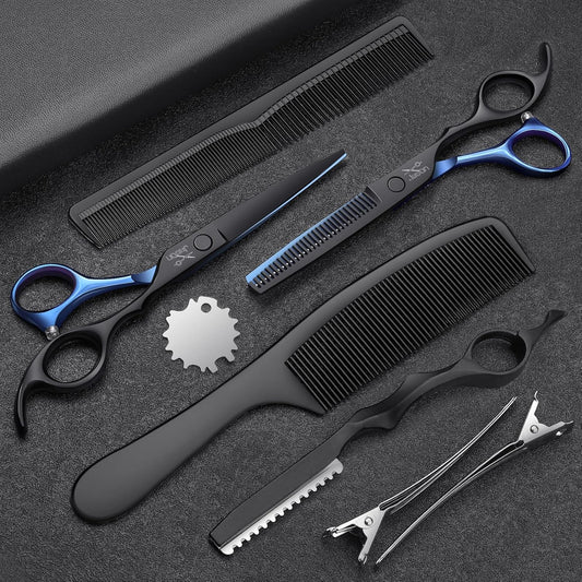 JASON Professional 10 PCS Haircut Scissors Set - 6.7" Thinning/Texturizing Scissors, Straight Shears for Men Women Home Salon Barber (30 Teeth, Black & Blue)