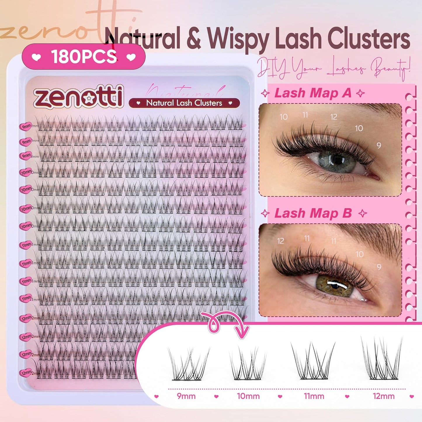 Natural Lash Clusters Wispy Cluster Eyelash Extensions DIY Individual Lashes C Curly 9-12mm Eyelash Clusters 180PCS Lash Extensions with Thin Lash Band by zenotti