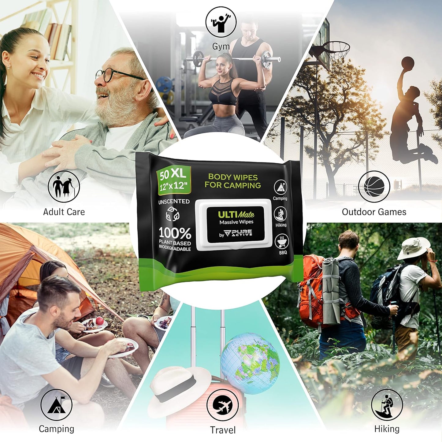 Body Wipes for Camping 50 XXL Camping Wipes 12''x 12'', Shower Body Wipes for Camping, Body and Face Wipes, Biodegradable Personal Hygiene Body Cleansing Wipes for Women Men Kids Elderly Travel