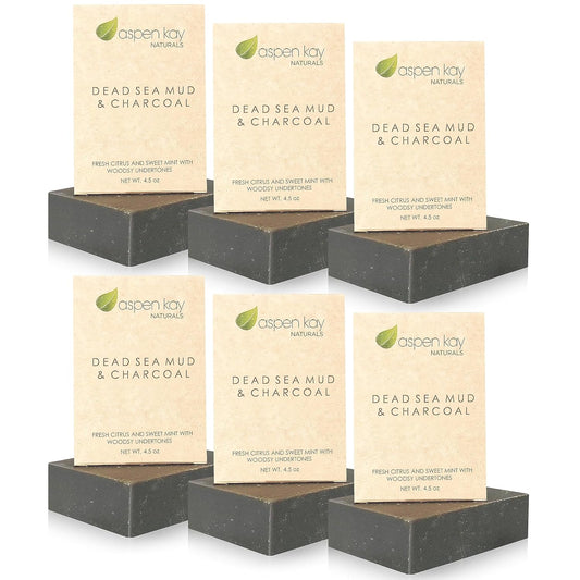 Aspen Kay Naturals Dead Sea Mud and Charcoal Soap Bar. With Organic Shea Butter & Pure Essential Oils. Charcoal Face Wash for Men, Women & Teens. (6 pack)