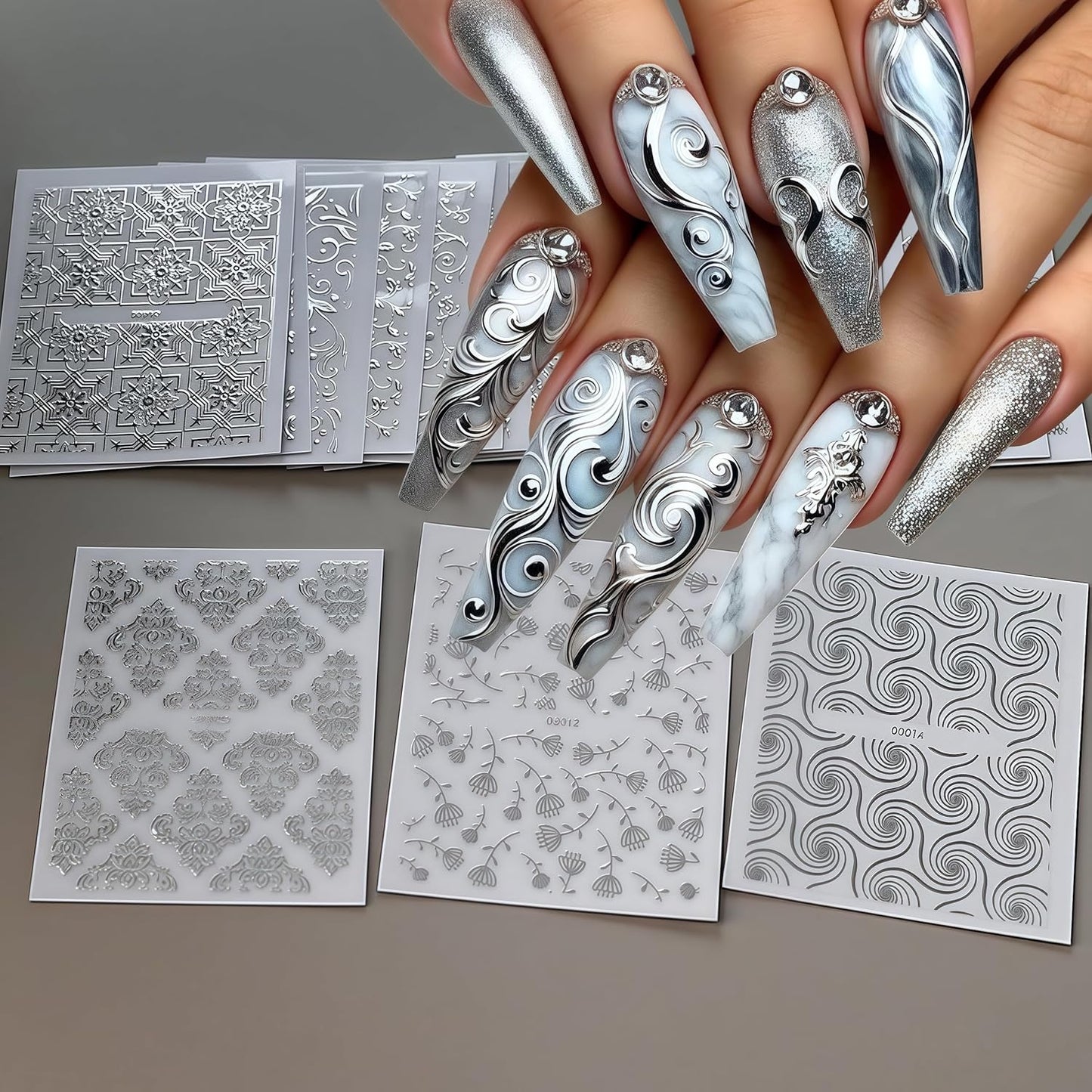 30 Sheets Silver Lace Nail Art Stickers 3D Self-Adhesive Silver Hollow Retro Floral Vine Design Decals for Women Spring Summer Manicure Slider Decorations