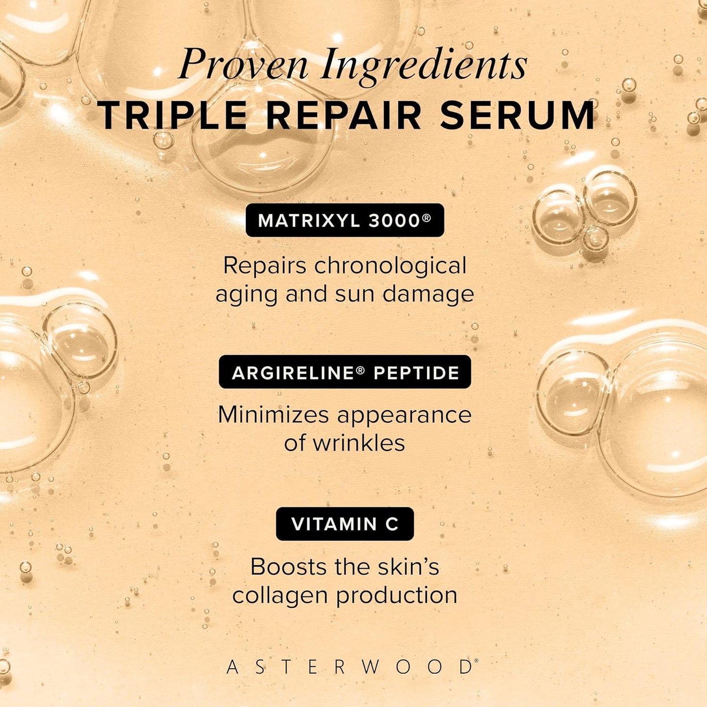 Asterwood Triple Repair Matrixyl 3000 + Argireline + Hyaluronic Acid + Vitamin C Serum for Face - Anti-Aging, Collagen Boosting, Hydrating - Fragrance-Free - 8 Fl Oz