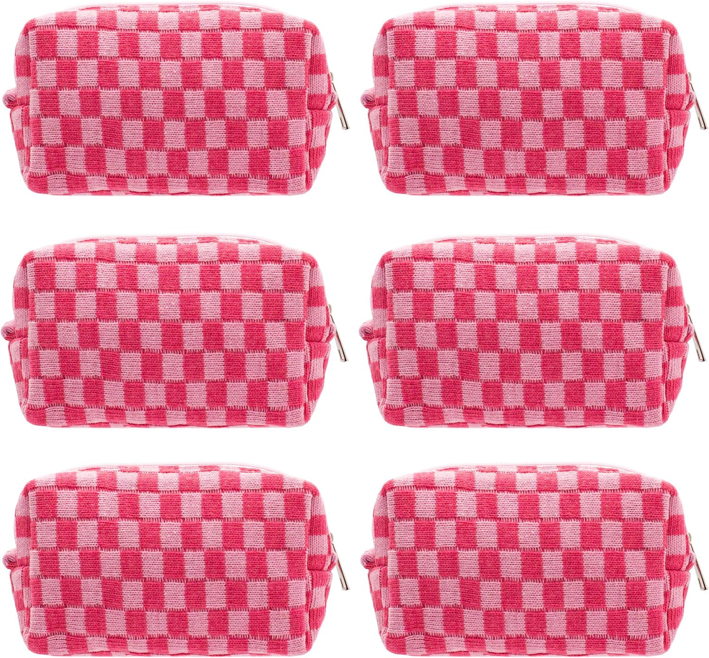 PAZIMIIK Checkered Makeup Bag for Purse Portable Zipper Make Up Pouch Small Cosmetic Case for Travel Accessories (6PCS Hotpink)