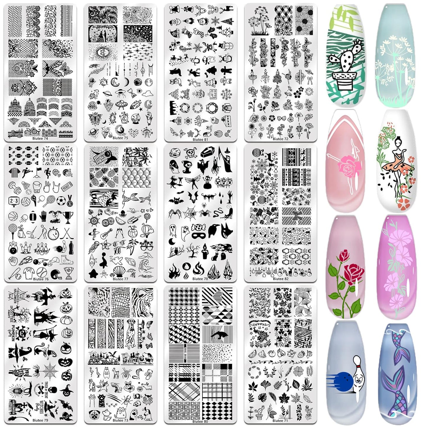 Biutee Nail Stamping Plate Set 12Pcs Nail Art Stamping Plates Nail Stamping Kit Nail Stamper Kit Flower Leaves Animal Lace Star Halloween Christmas Design Nail Stamp Plate