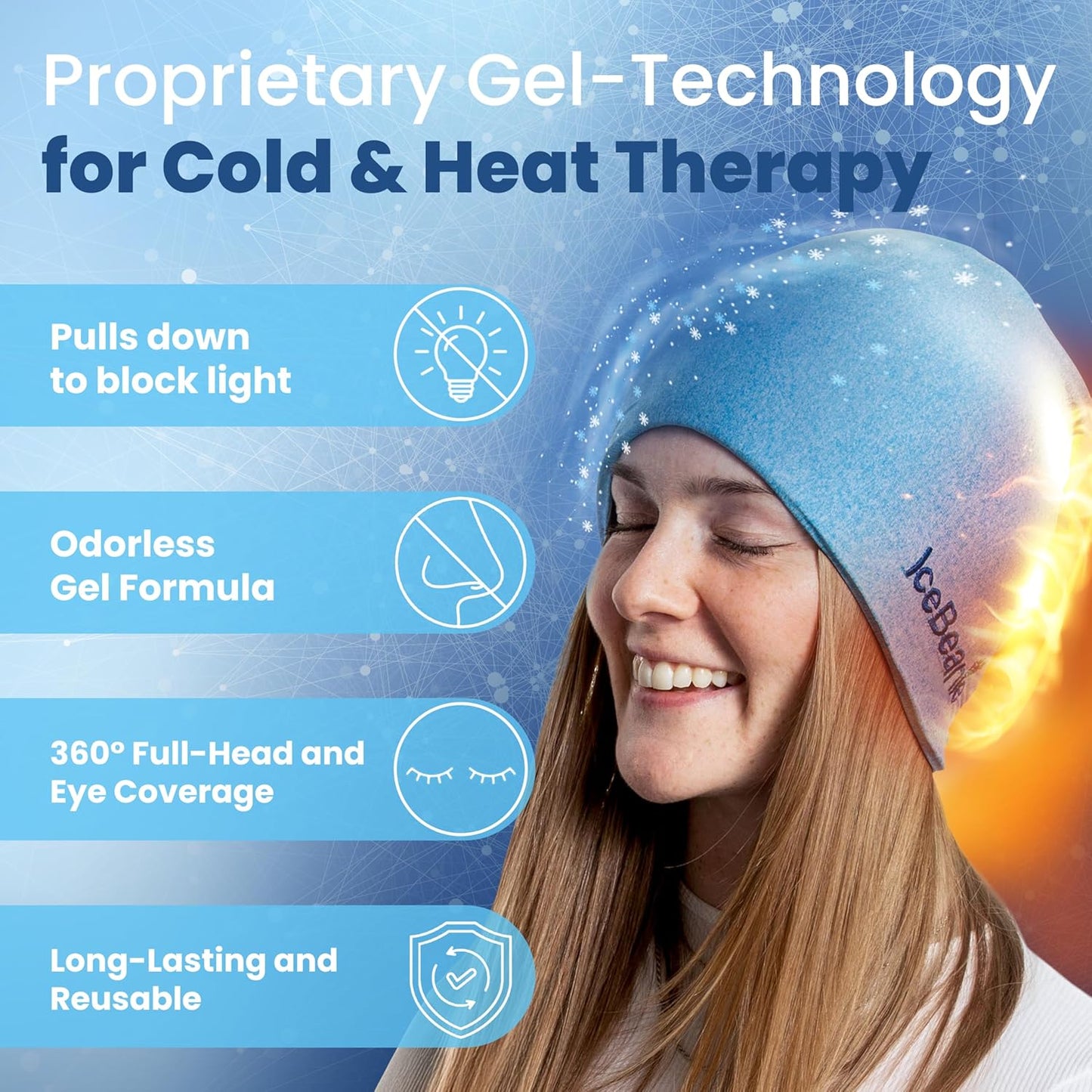 IceBeanie Migraine Relief Cap, As Seen on Shark Tank, Soft & Stretchy Gel Tension Headache Relief Cap, Extended Cooling Hangover Ice Hat, Odorless Head Wrap Ice Pack Wrap, Headache Migraine Mask