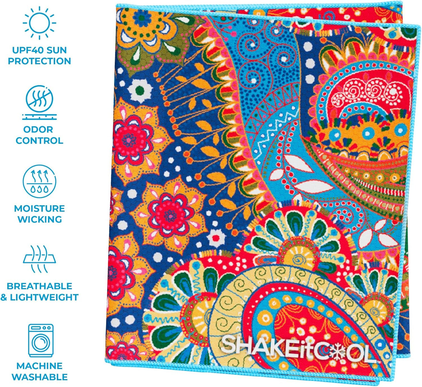 SHAKEitCOOL Extended Size Cooling Towel – Be Cool in Style - Heat Relief, Soft, Lightweight, Sun Protection, Easy Clean - Perfect for Biking, Hiking, Running, Yoga, Golf, Gardening - Bright Paisley M