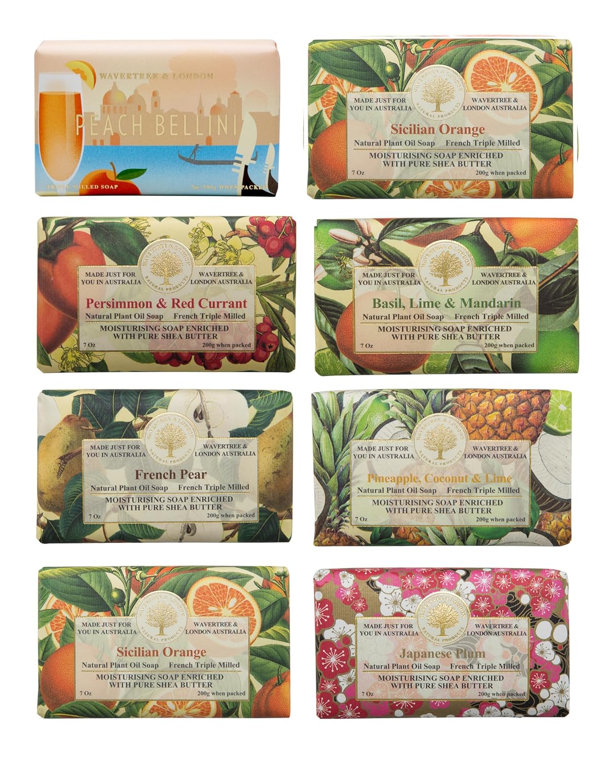 Wavertree & London Assorted Fruity flavors (8 Bars), 7oz Moisturizing Natural Soap Bars, French -Milled and enriched with Shea Butter
