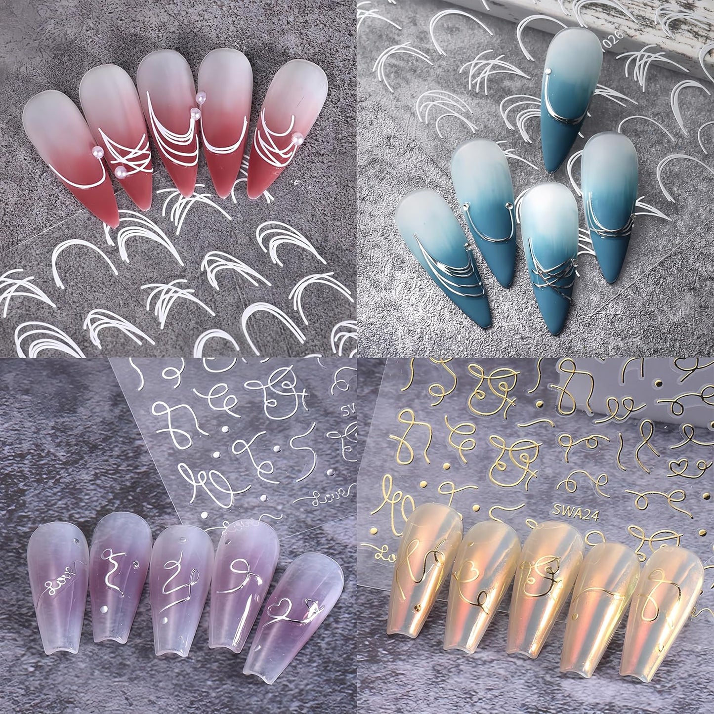 8 Sheets French Line Nail Art Stickers 3D Self-Adhesive Exquisite Gold and Silver White Metallic Designs Nail Decals Irregular French Line Nail Supplies for Women and Girls DIY Nail Art Decoration