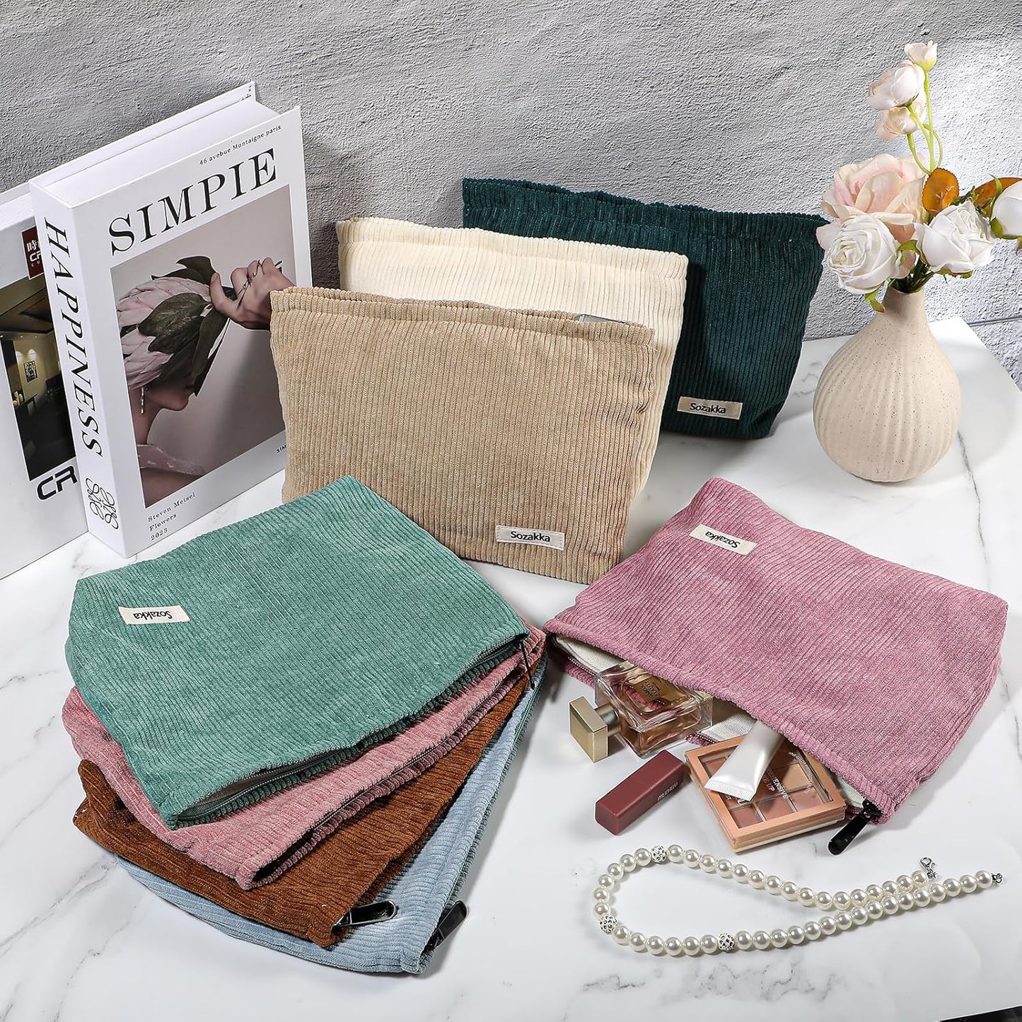 8 Pcs Corduroy Makeup Bags 10 x 7 Inches Cosmetic Bag Large Velvet Travel Aesthetic Pouch Travel Makeup Organizer Toiletry Bag for Purse Accessories Cosmetics Pouch for Women, 8 Colors