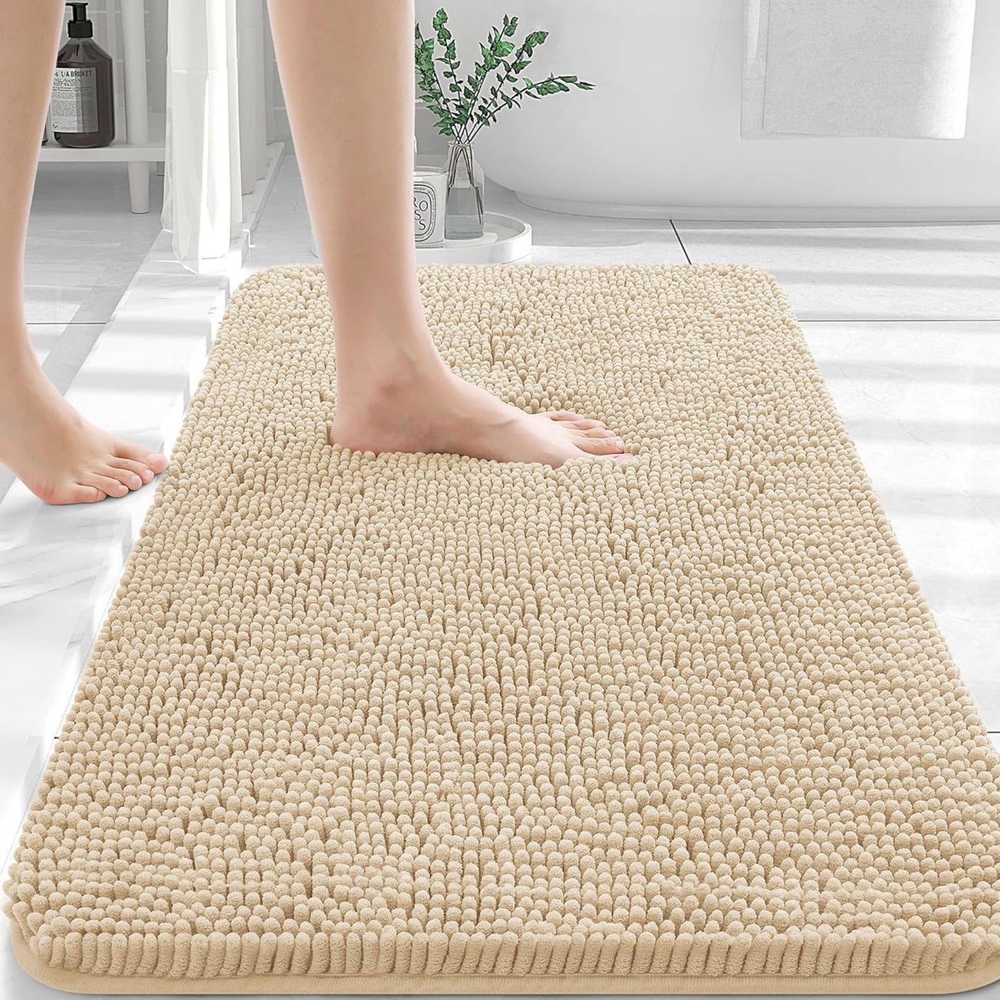 OLANLY Bathroom Rugs 36x24, Extra Soft Absorbent Chenille Bath Rugs, Rubber Backing Quick Dry, Machine Washable Bath Mats for Bathroom Floor, Tub and Shower, Home Decor Accessories, Beige