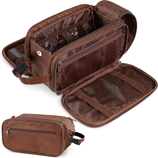 PAVILIA Large Toiletry Bag for Men Women, Mens Travel Bag Toiletries Organizer Case for Grooming, Travel Essentials Shaving Dopp Kit, PU Leather Water Resistant Cosmetic Pouch, Brown