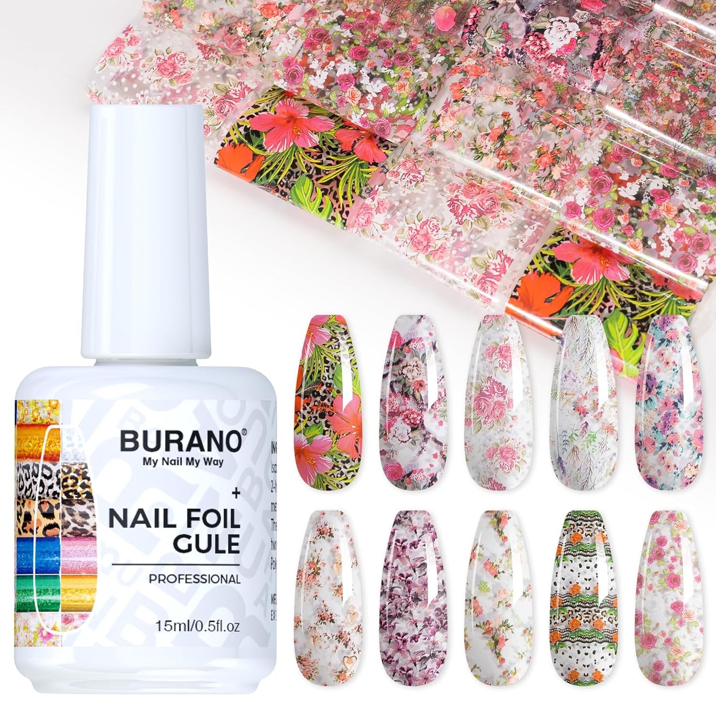 BURANO Nail Art Nail Foil Glue Gel, o.5 oz with 10PCS Foil Stickers Set Nail Foil Glue for Nails Foil Transfer Gel, Nail Design DIY UV LED Lamp Required (Flower Foil 10)