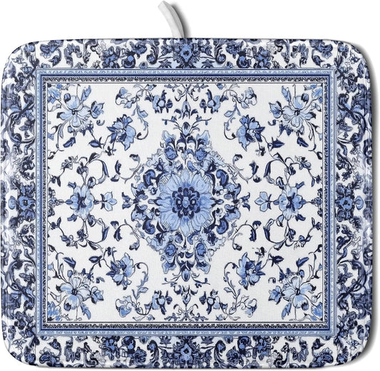 Boho Floral Dish Drying Mat 16x18 Inch Blue Leaves Kitchen Drying Pad Reversible Absorbent Dish Drainer Rack Mats Counter Tableware Decor