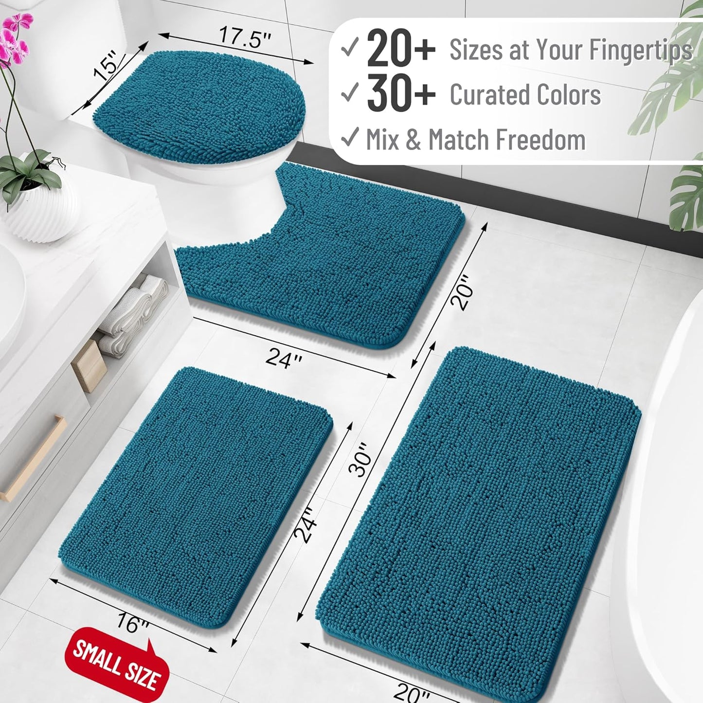 OLANLY Bathroom Rugs 24x16, Extra Soft Absorbent Chenille Bath Rugs, Rubber Backing Quick Dry, Machine Washable Bath Mats for Bathroom Floor, Tub and Shower, Home Decor Accessories, Peacock Blue