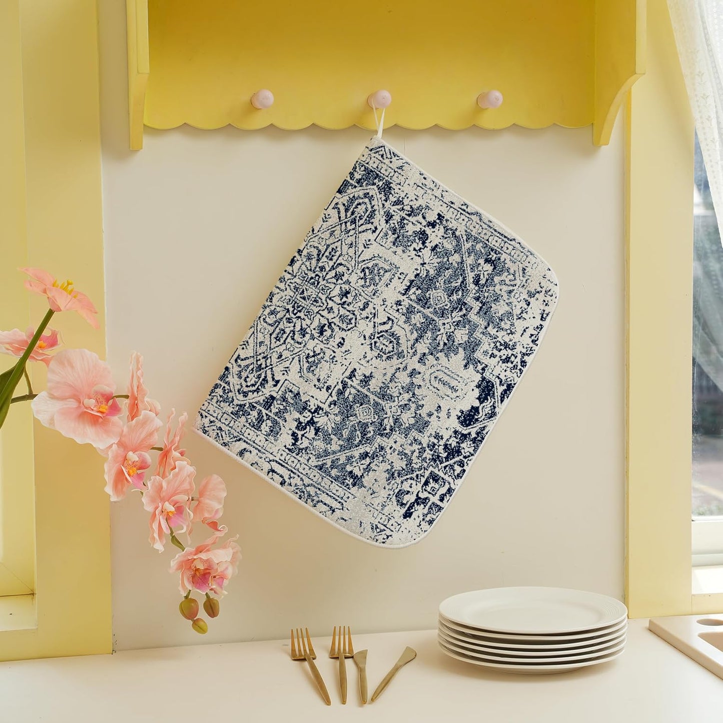 Blue Dish Drying Mat for Kitchen Counter, 18x24 Inch Blue White Boho Style Absorbent Dish Drying Pad Heat Resistant Mat Coffee Bar Mat Dish Drainer Rack Mat