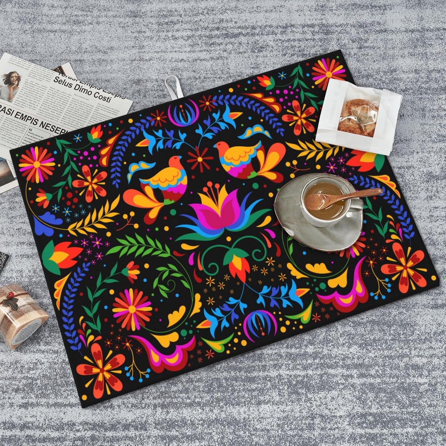 Mexican Flower Microfiber Dish Drying Mat for Kitchen Counter Mexican Dishes Pad Black Dish Drainer Rack Mats 18"x24" Absorbent Washable Reusable