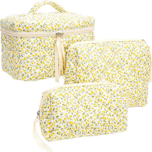 PAZIMIIK 3PCS Makeup Bag SET Large Travel Quilted Zipper Soft Cosmetic Case Pouch for Women Girls Make Up,Floral Yellow