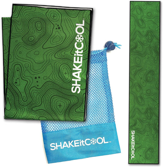SHAKEitCOOL Original Cooling Towel – Be Cool in Style - Heat Relief, Soft, Lightweight, Sun Protection, Easy Clean - Perfect for Biking, Running, Yoga, Gym, Gardening - Green Topo