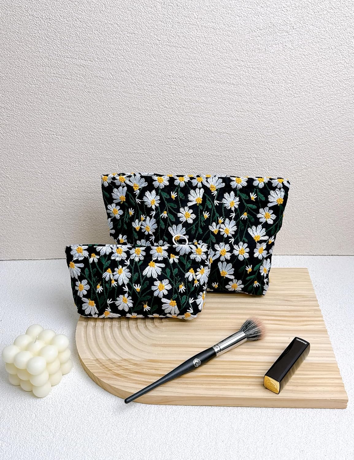 2 Pcs Makeup Bags, Large Cosmetic Bag Travel Toiletry Bag Organizer for Women, Embroidery Craft, Floral Makeup Bag Small Cosmetic Pouch Purse with Zipper Gifts for Girls Teen