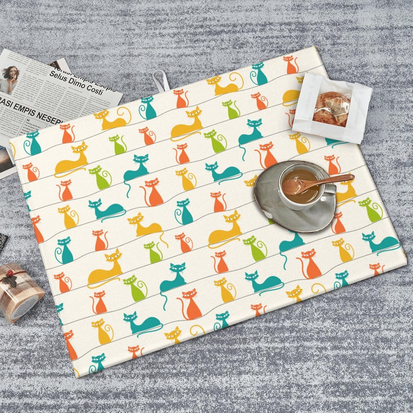 Mid Century Modern Cats Dish Drying Mat for Kitchen Counter Absorbent Reversible Cute Drying Pad Dark Kitchen Decor Dish Drainer Rack Mats 18"x24"