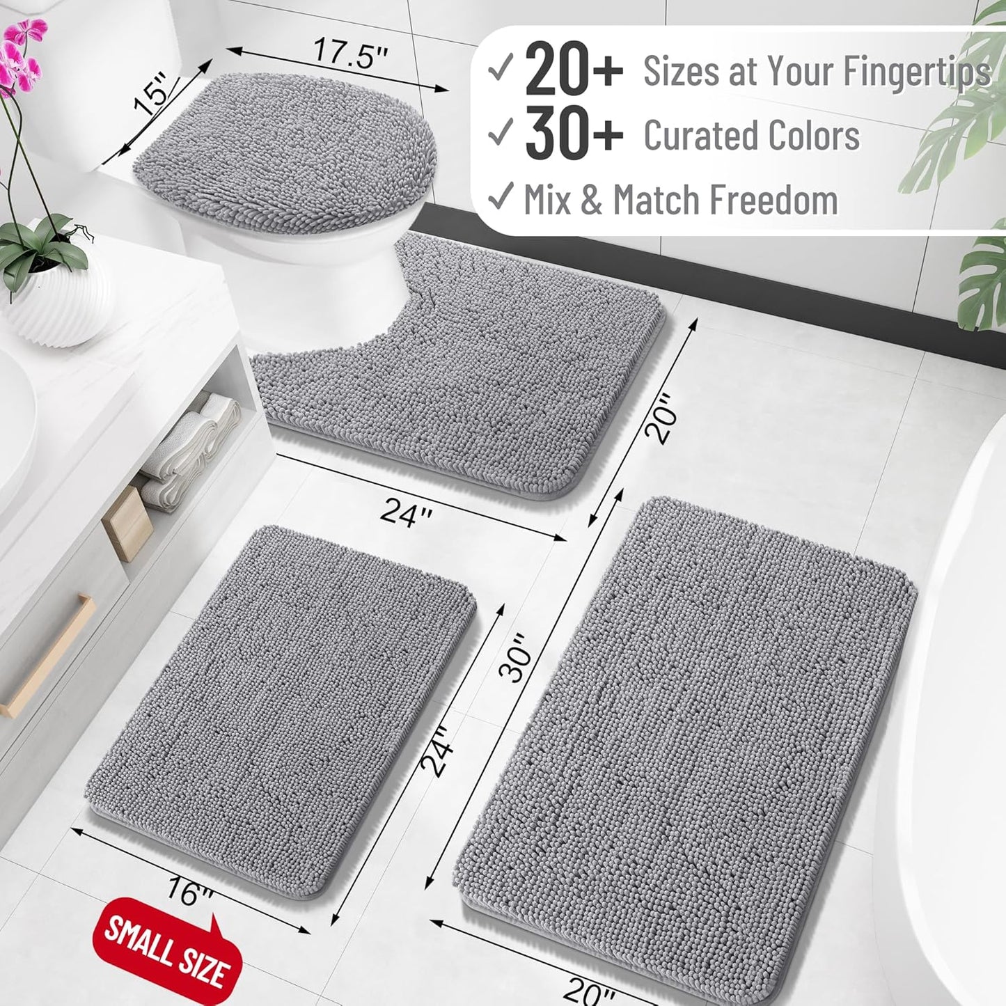 OLANLY Toilet Rugs U-Shaped 24x24, Extra Soft Absorbent Chenille Contour Bathroom Rugs for Toilet, Dry Quickly, Machine Washable, Non-Slip Bath Mat, Grey