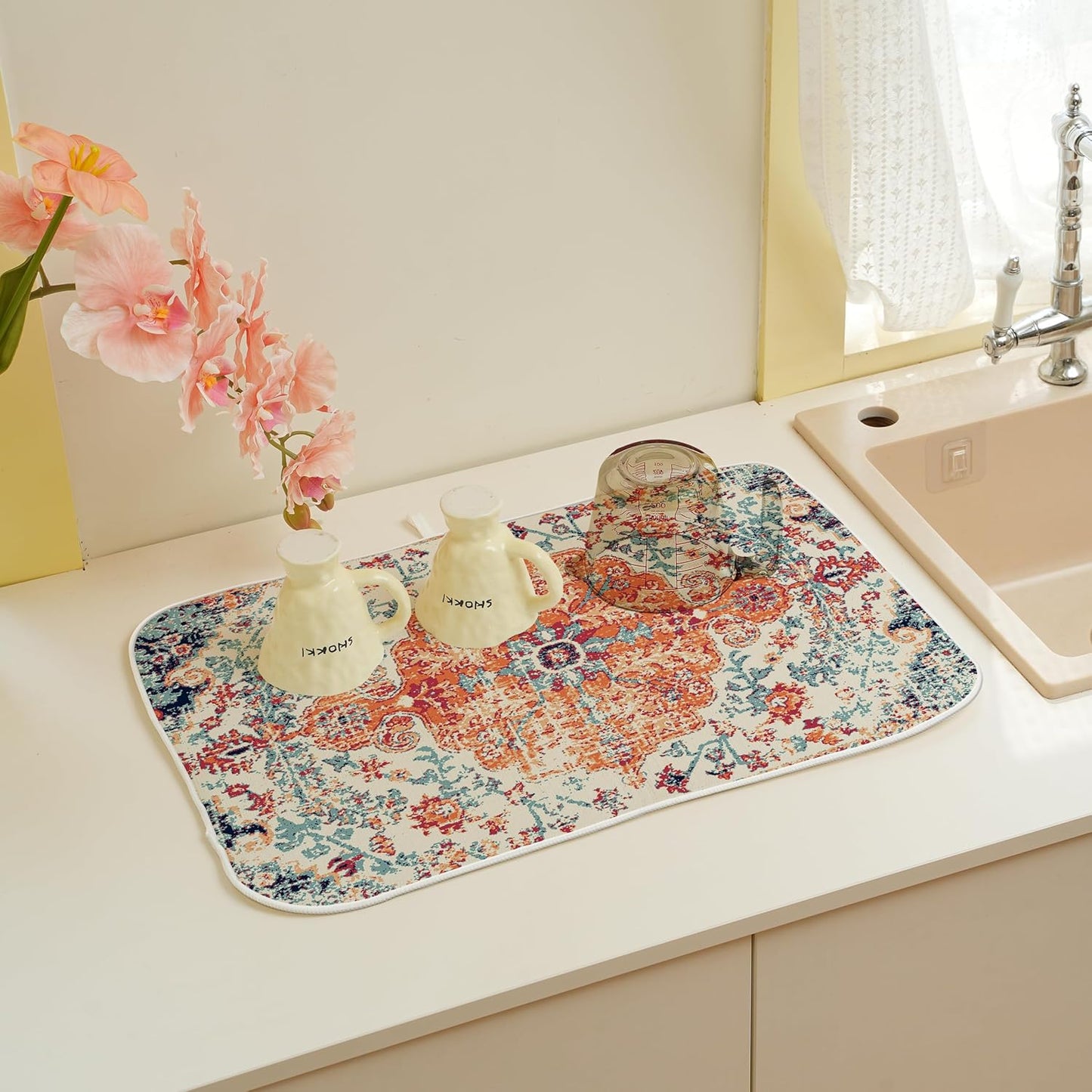 Orange Dish Drying Mat for Kitchen Counter, 18x24 Inch Burn Orange Boho Style Absorbent Dish Drying Pad Heat Resistant Mat Coffee Bar Mat Dish Drainer Rack Mat