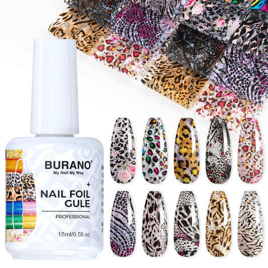 BURANO Nail Art Nail Foil Glue Gel, o.5 oz with 10PCS Foil Stickers Set Nail Foil Glue for Nails Foil Transfer Gel, Nail Design DIY UV LED Lamp Required (Leopard Foil 08)