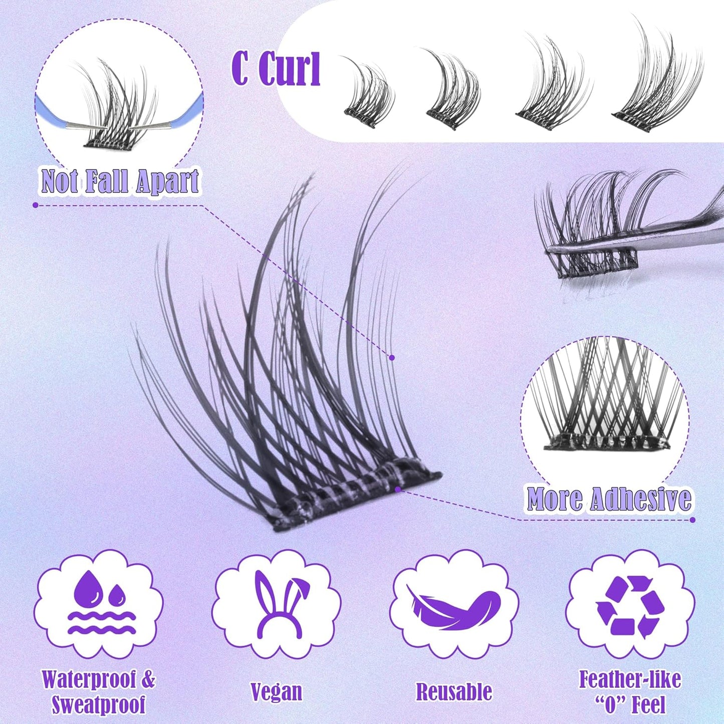 ALICE Self Adhesive Lashes Natural Look Self Adhesive Lash Clusters Wispy Reusable Press on Lashes Pre-Glue 8-14mm 120pcs C-Curly No Glue Needed Eyelashes