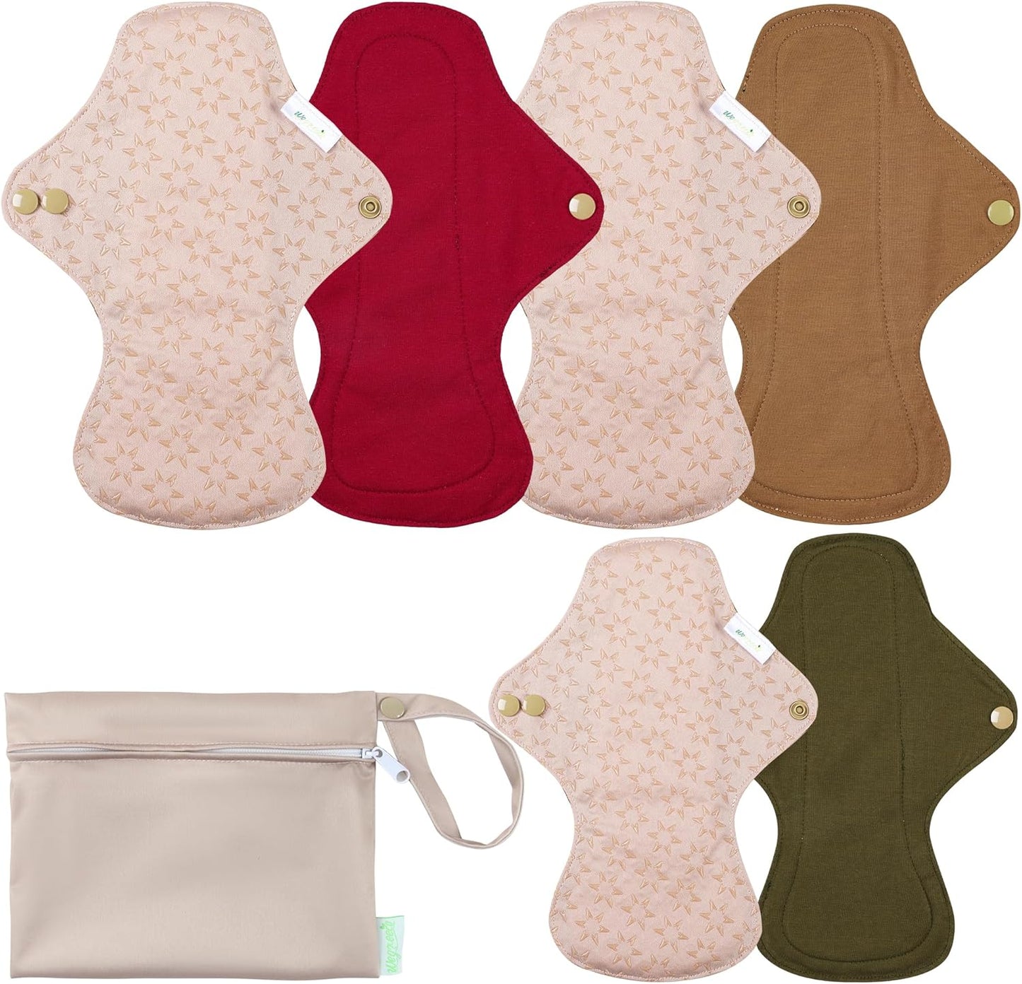 wegreeco 6 Pcs Reusable Menstrual Pads, Ultra Absorbent Cloth Pads for Heavy Flow, Sanitary for Teens, Women, Nonslip, Inner Aqua, Burgundy, Coffee, Rose Gold Outer, S