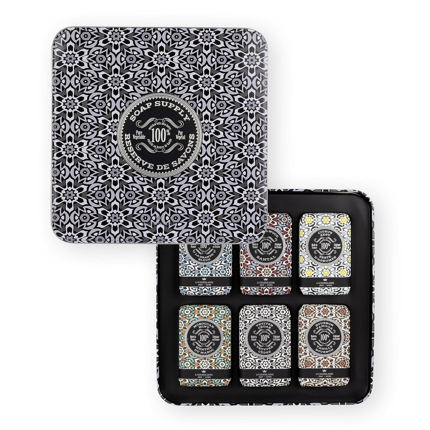 La Chatelaine Soap Supply Tin Gift Set |Unisex, Men, Women| Plant-based shea butter bar soaps | Made in France | Natural and Organic | Large soap bars | Set of 6, 8.8 oz./250g bars - Gray Mosaic