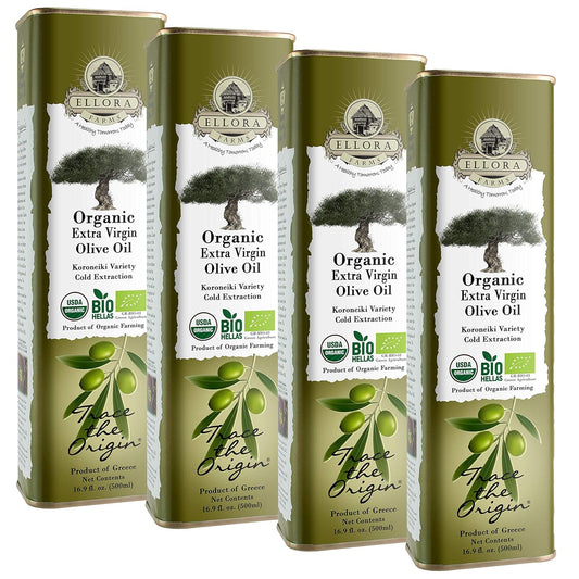 Ellora Farms, USDA Organic Extra Virgin Olive Oil, 2024 Harvest, Gold Award, Unfiltered, High Oleocanthal, Kosher 17 oz tin, Pack of 4